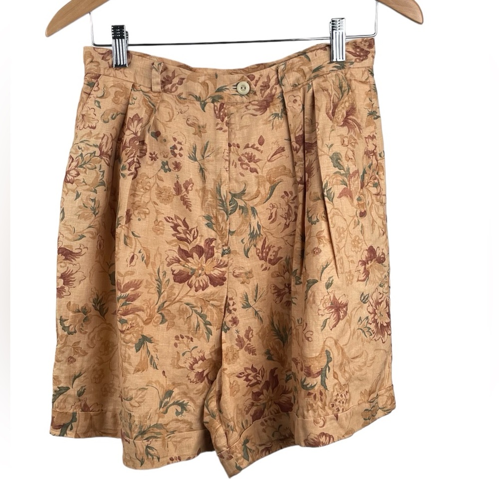 Ralph Lauren Floral Tan and Green High-Waist Bermuda Shorts